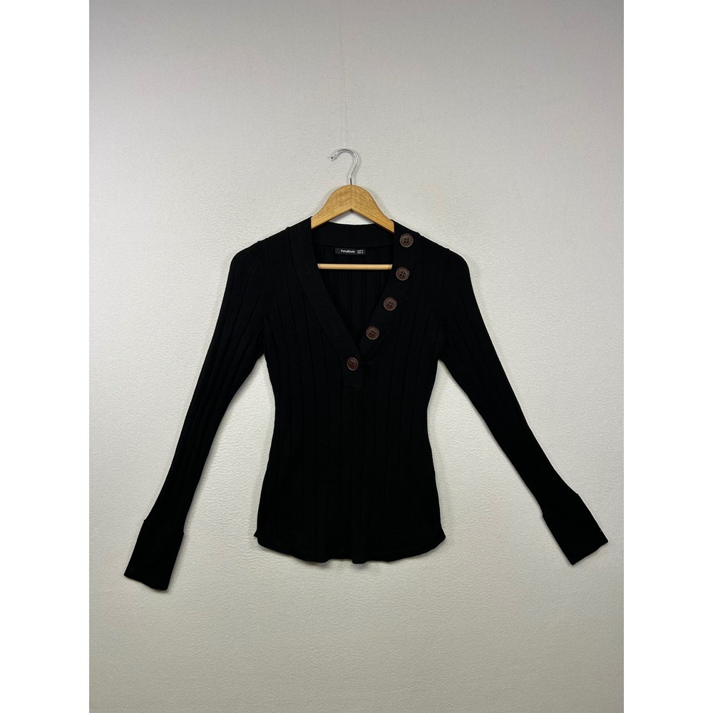 Dark Academia PattyBoutik Womens Small Black Ribbed V-Neck Henley Sweater